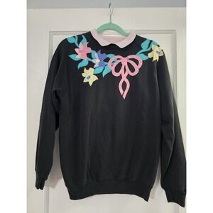 Vintage Hanes 1990s Black Floral Collared Grandma Sweatshirt Womens LARGE